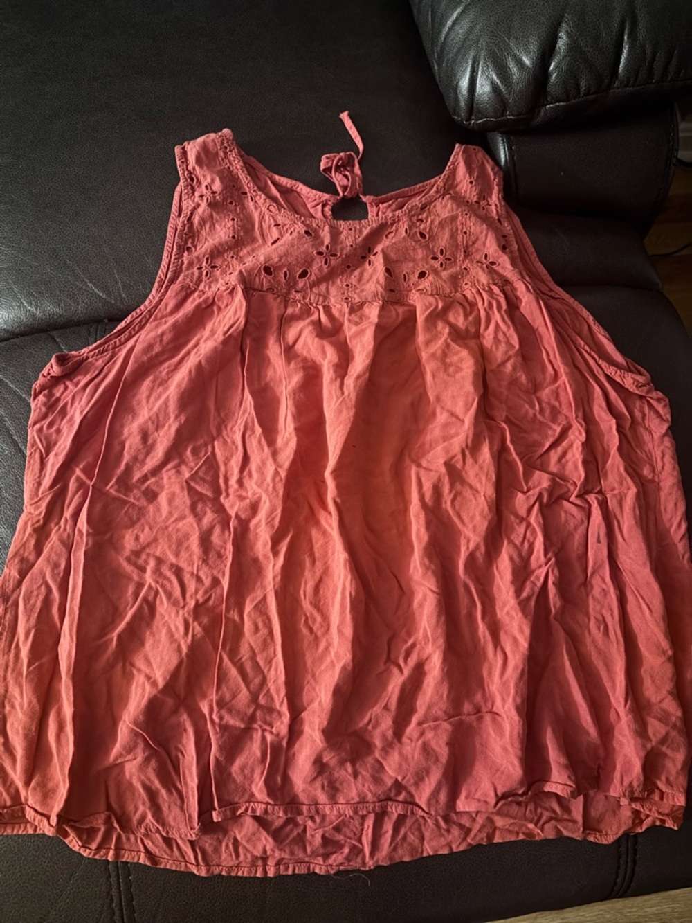 Sleeveless Eyelet Yoke Tank Top - Coral Pink